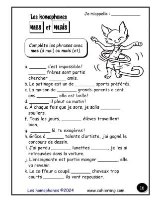 Les homophones - 4e/5e années - mais et mes